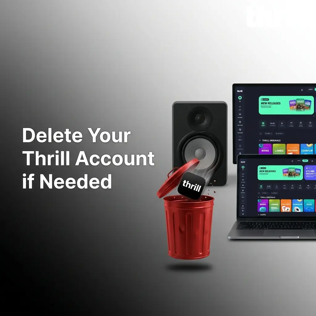 Thrill Casino account deletion steps showing settings menu with closure request and responsible gambling options