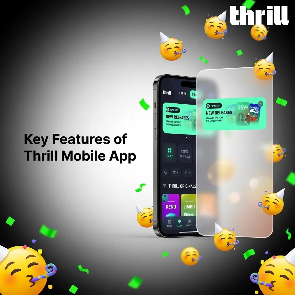 Key features of Thrill mobile app including provably fair games, 70% rakeback, PWA install, and 15 crypto support