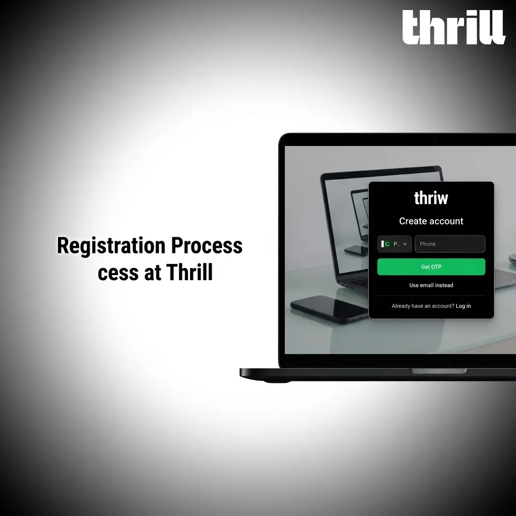 Thrill casino registration process showing sign-up steps including email setup, currency selection, and first crypto deposit