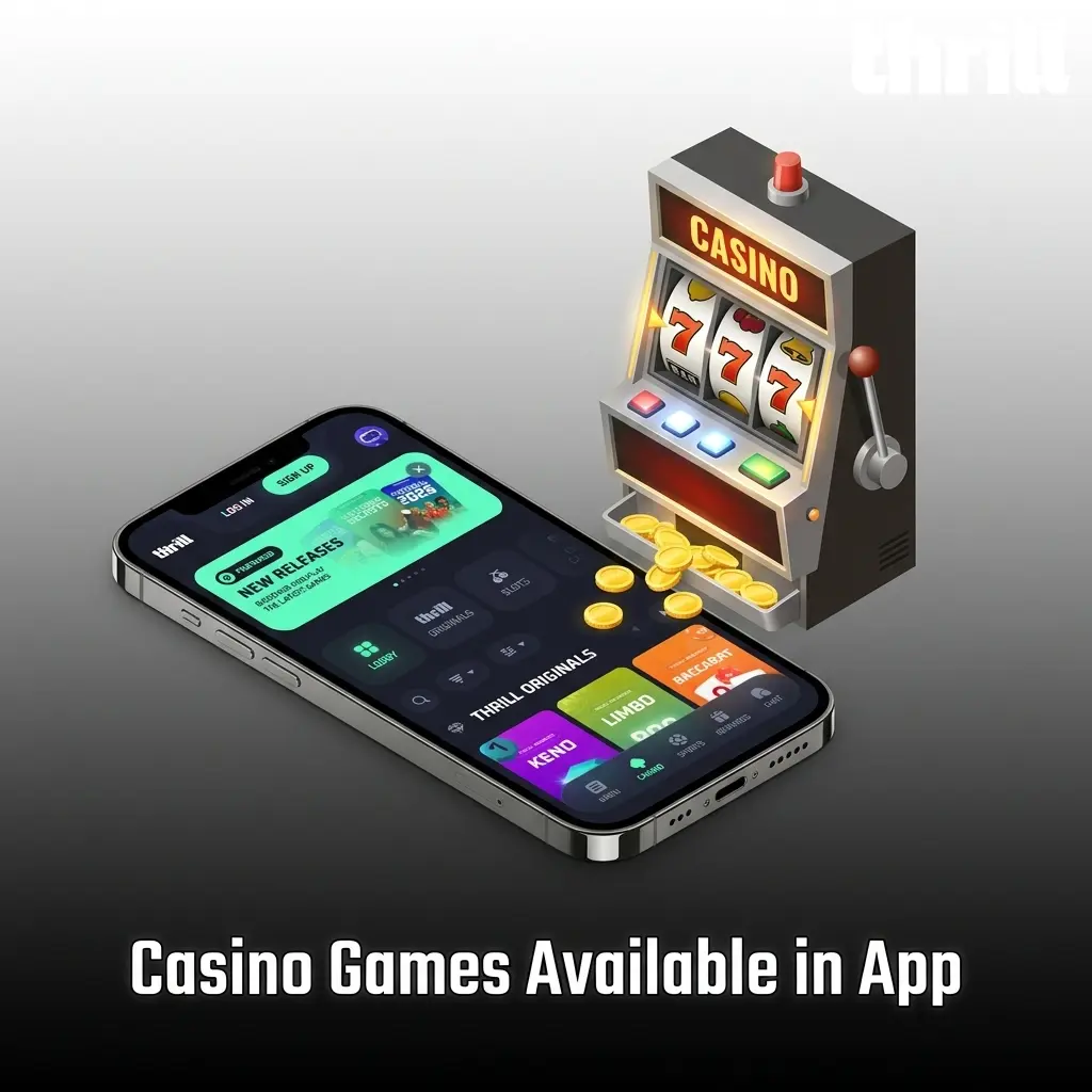 Thrill casino game library showing slots, live blackjack, roulette, baccarat, crash games, dice, and more