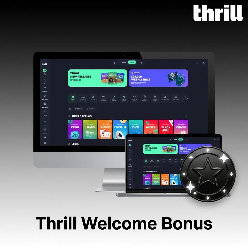 Thrill Casino welcome bonus table showing Rakeback up to 70% and Weekly Leaderboard with USD 75,000 prize pool